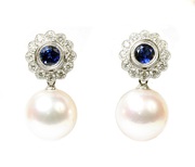 18K White Gold 0.53 CTW Diamond 0.87 CTW Sapphire Pearl Earrings